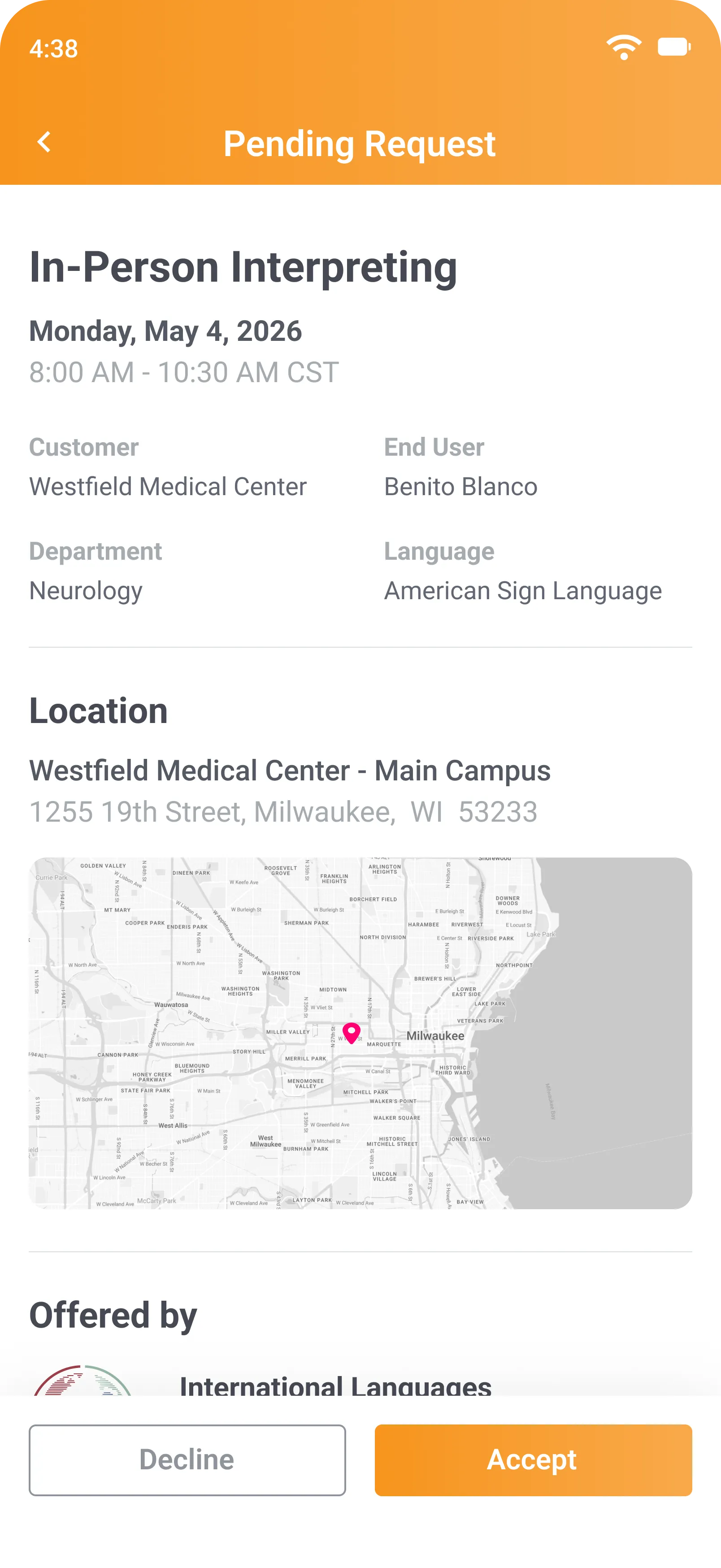 An interpreting appointment offer in the Fluent app with location details and Decline and Accept buttons.