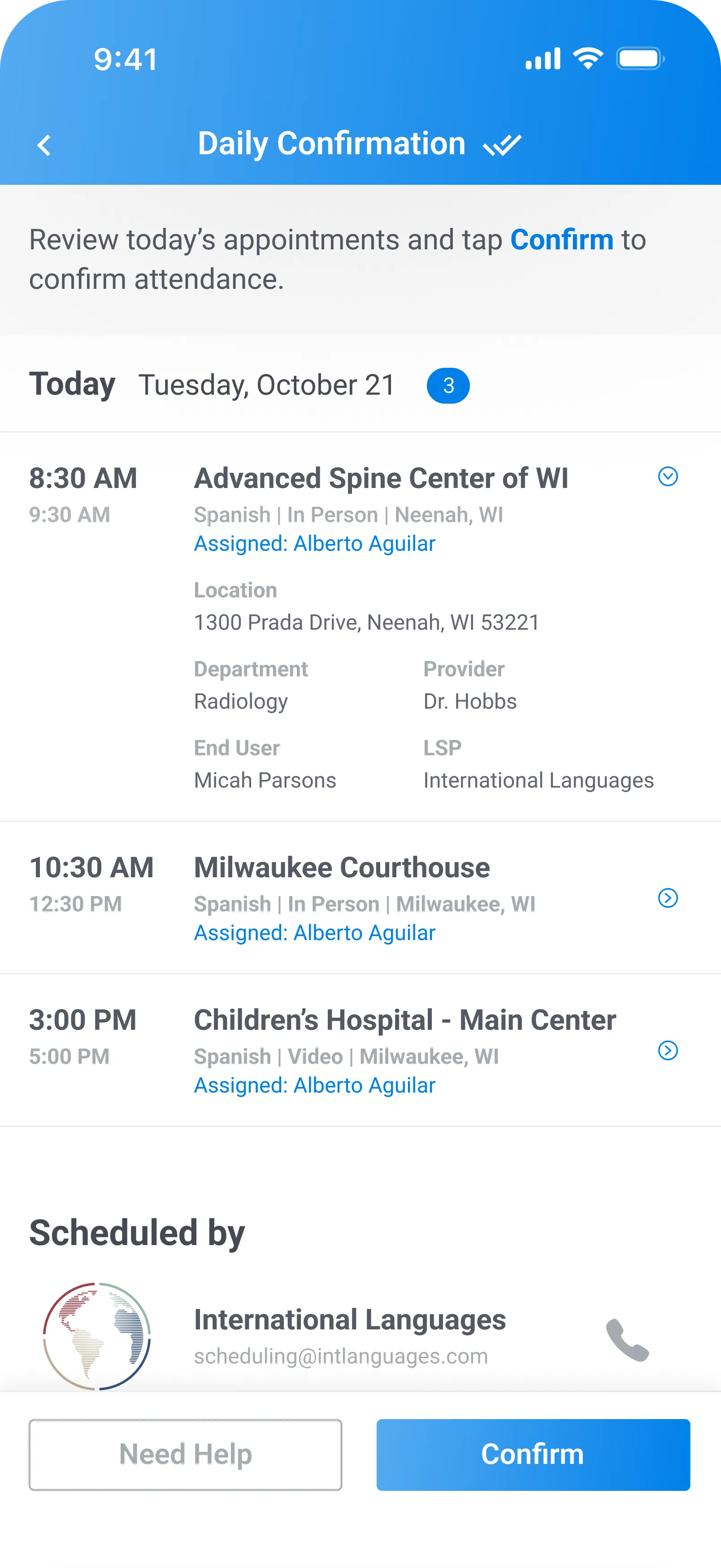 Fluent’s daily confirmation screen with the day’s appointments and a Confirm button.